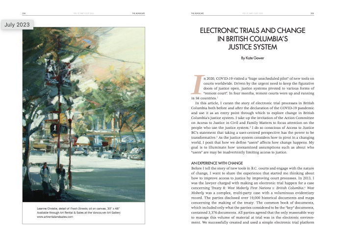 Electronic Trials and Change in BC’s Justice System - Advocate (July 2023) - by Kate Gower